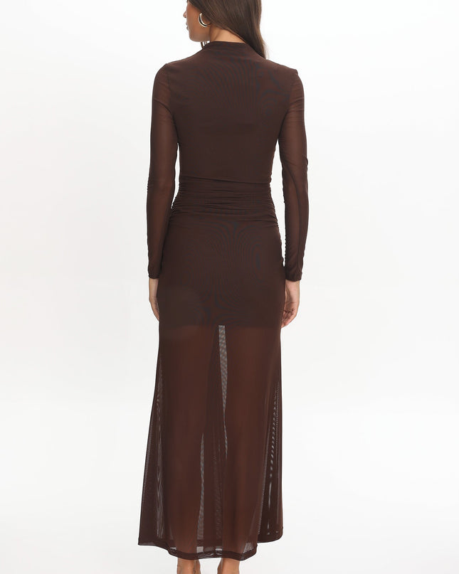 Chocolate Long Sleeve Mesh Maxi Dress