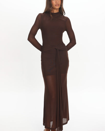 Chocolate Long Sleeve Mesh Maxi Dress