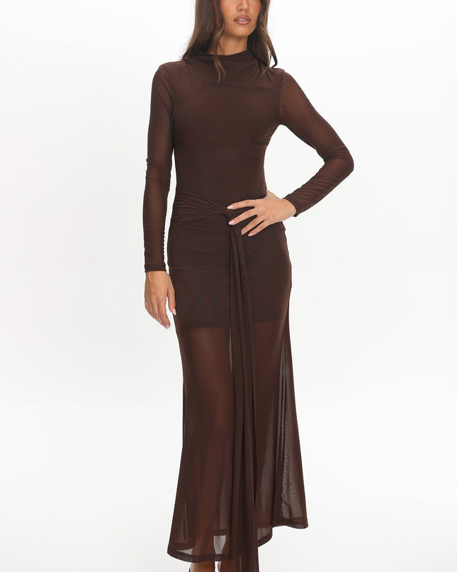 Chocolate Long Sleeve Mesh Maxi Dress