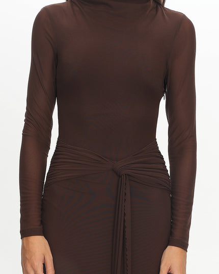 Chocolate Long Sleeve Mesh Maxi Dress