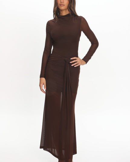 Chocolate Long Sleeve Mesh Maxi Dress