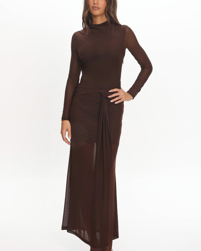Chocolate Long Sleeve Mesh Maxi Dress