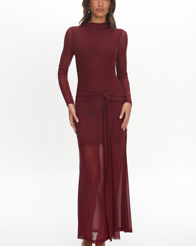 Wine Long Sleeve Mesh Maxi Dress