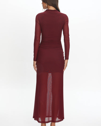 Wine Long Sleeve Mesh Maxi Dress