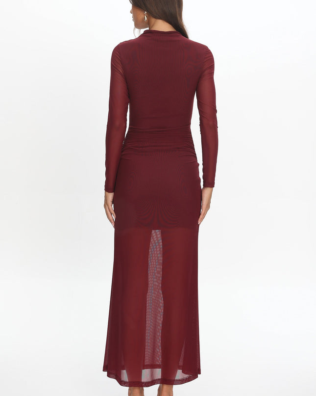 Wine Long Sleeve Mesh Maxi Dress