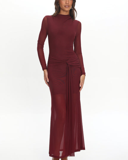 Wine Long Sleeve Mesh Maxi Dress