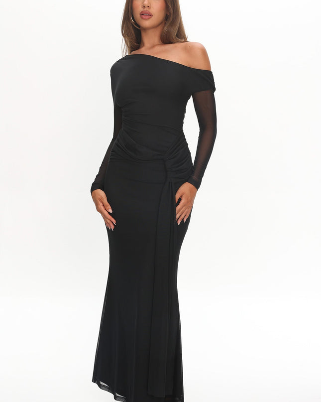 Black Long Sleeve Mesh Maxi Dress