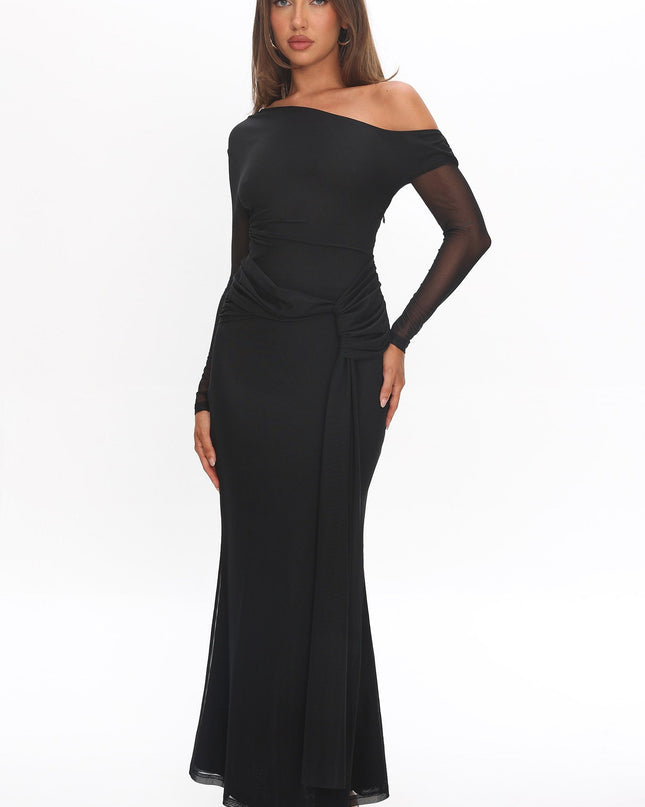 Black Long Sleeve Mesh Maxi Dress