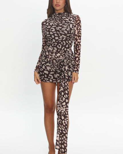 Brown Long Sleeve Mesh Mini Dress