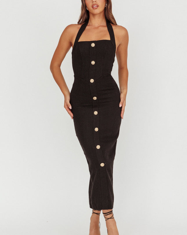 Black Button Front Halter Midi Dress Tweed