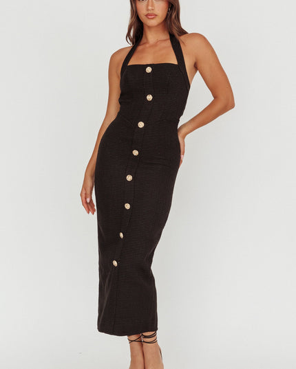 Black Button Front Halter Midi Dress Tweed