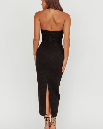 Black Button Front Halter Midi Dress Tweed
