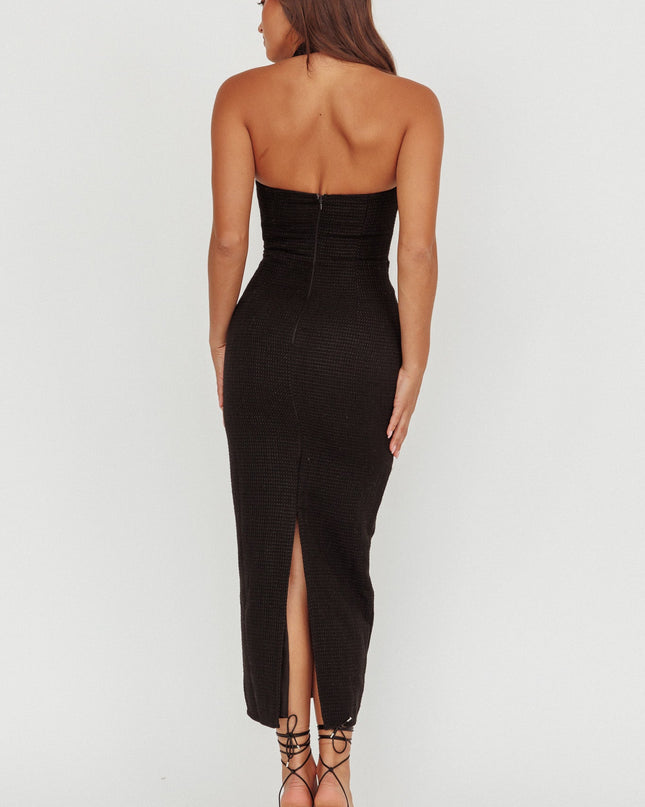Black Button Front Halter Midi Dress Tweed