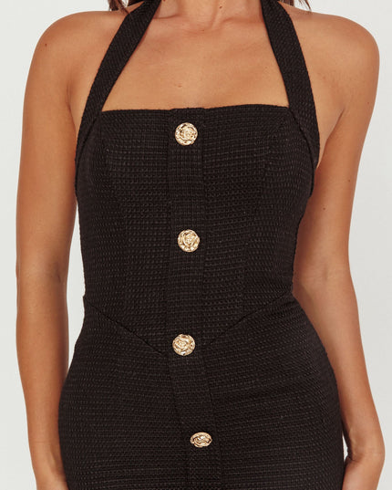 Black Button Front Halter Midi Dress Tweed