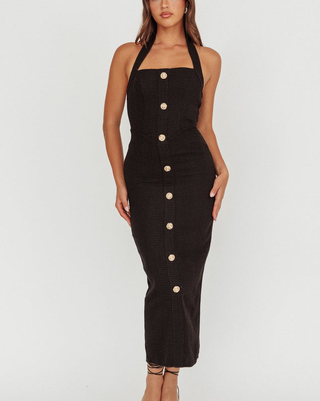 Black Button Front Halter Midi Dress Tweed