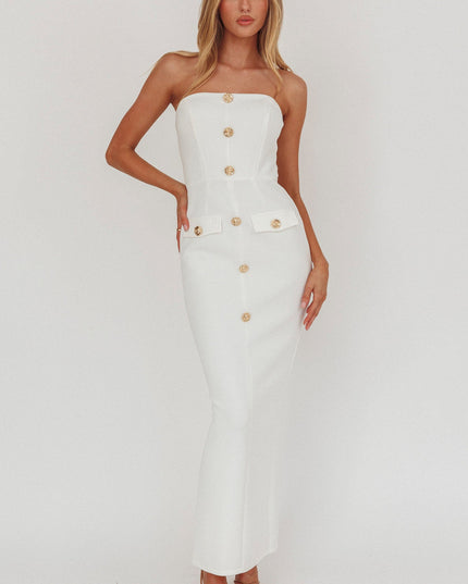 White Button Front Strapless Maxi Dress