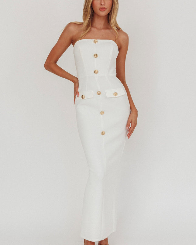 White Button Front Strapless Maxi Dress