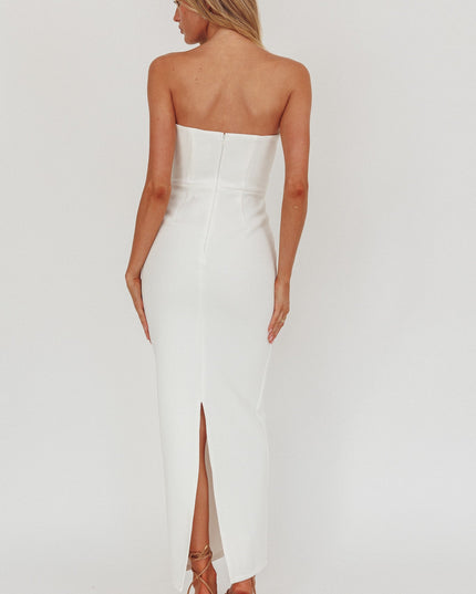 White Button Front Strapless Maxi Dress