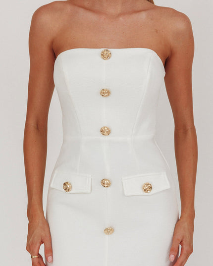 White Button Front Strapless Maxi Dress