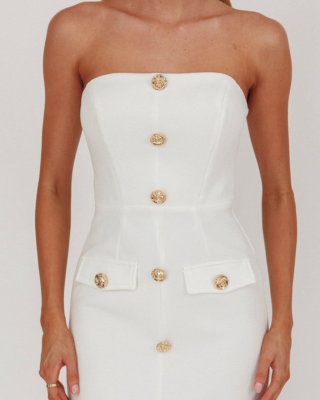 White Button Front Strapless Maxi Dress