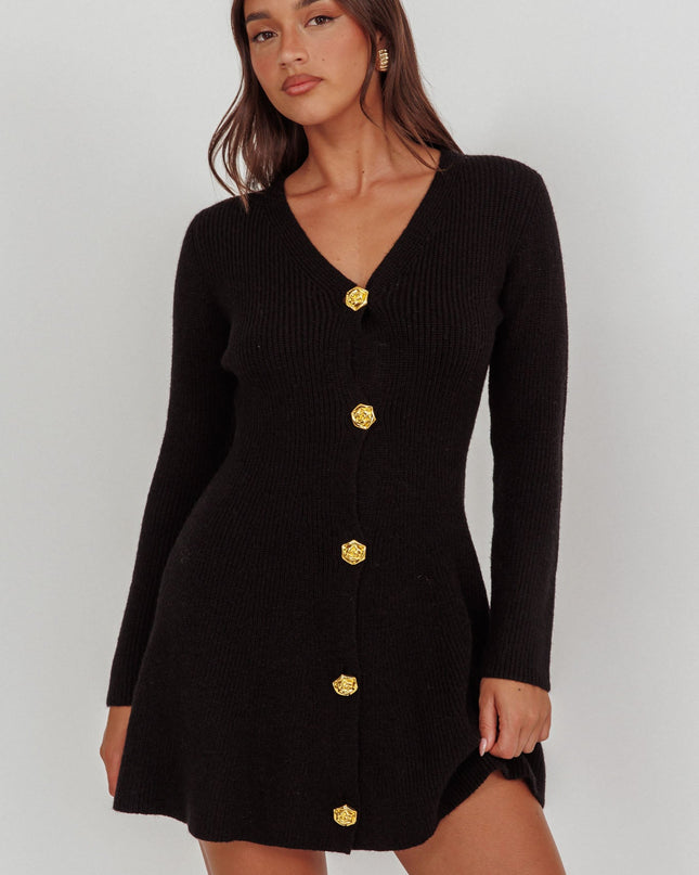 Black Gold Button Knit Mini Dress