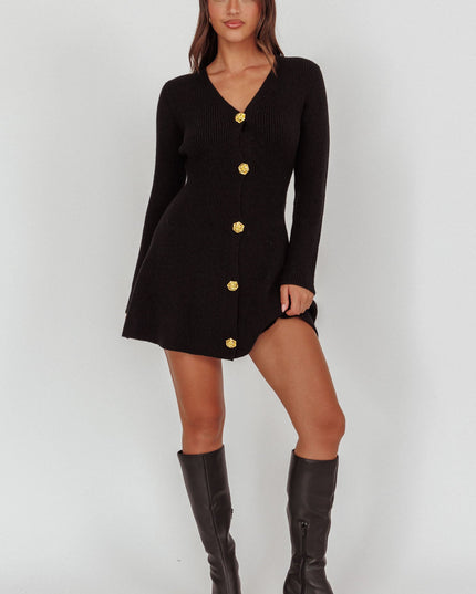 Black Gold Button Knit Mini Dress