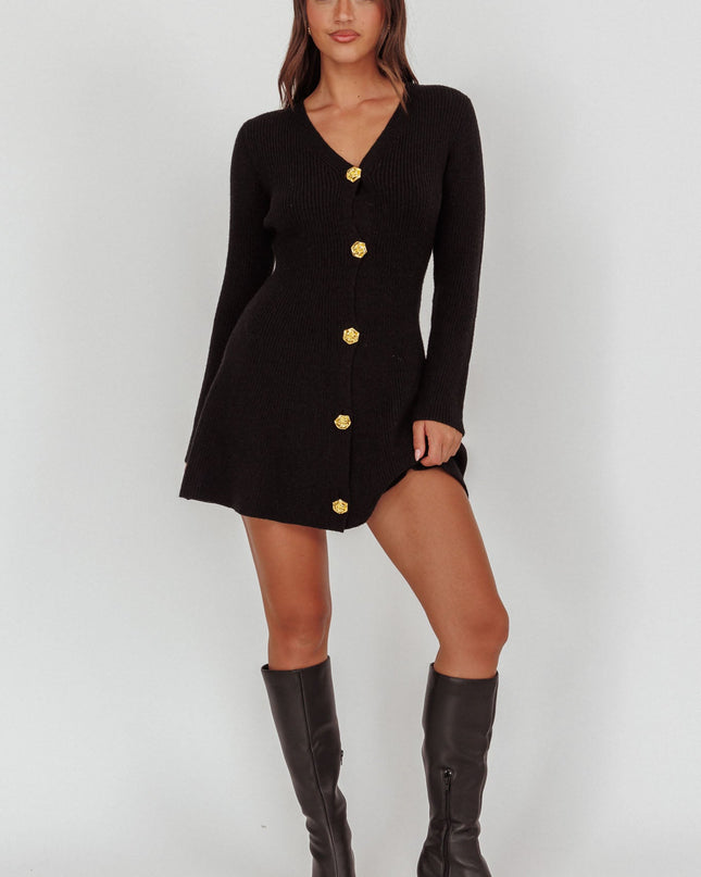 Black Gold Button Knit Mini Dress