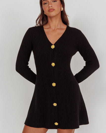 Black Gold Button Knit Mini Dress