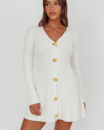 White Gold Button Knit Mini Dress