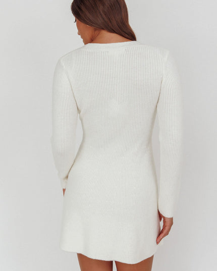 White Gold Button Knit Mini Dress