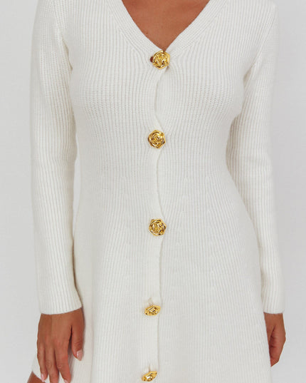 White Gold Button Knit Mini Dress