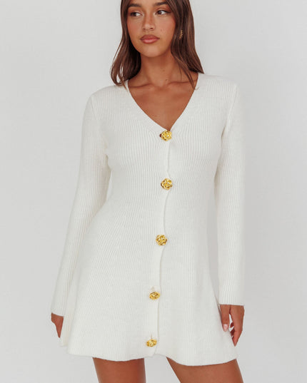 White Gold Button Knit Mini Dress