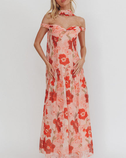 Red Drop Waist Maxi Dress Floral