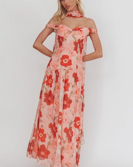 Red Drop Waist Maxi Dress Floral