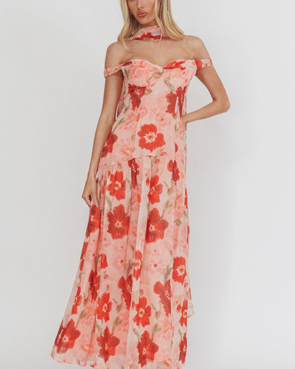Red Drop Waist Maxi Dress Floral