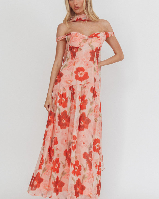 Red Drop Waist Maxi Dress Floral