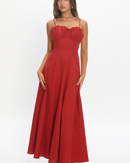 Red Gathered Bust Maxi Dress