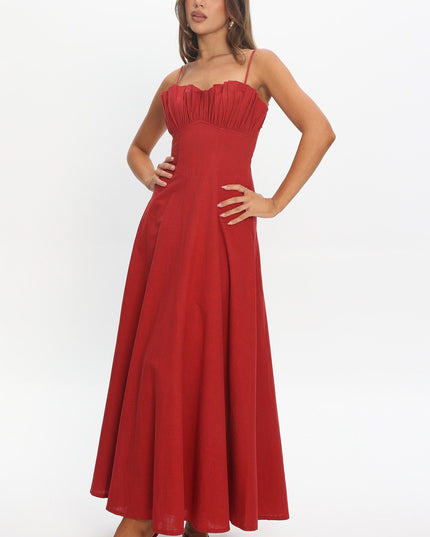 Red Gathered Bust Maxi Dress