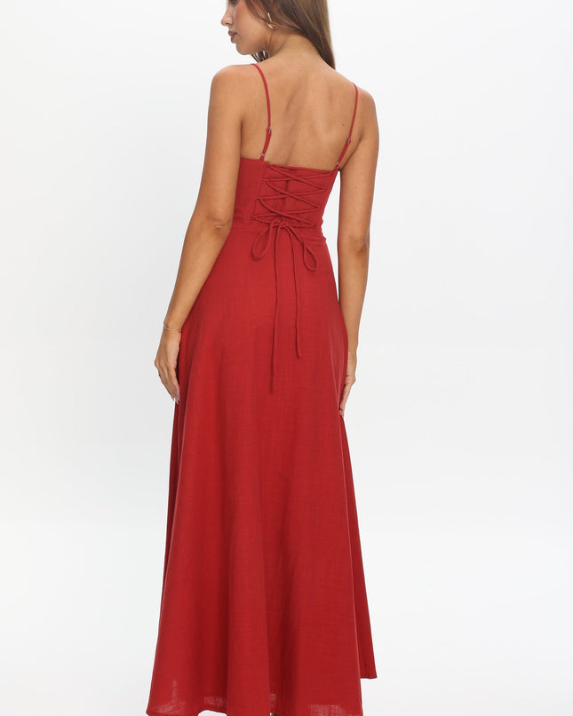Red Gathered Bust Maxi Dress