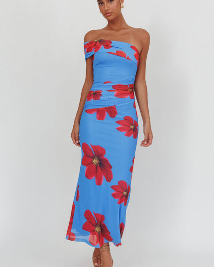 Blue One-Shoulder Maxi Dress Floral