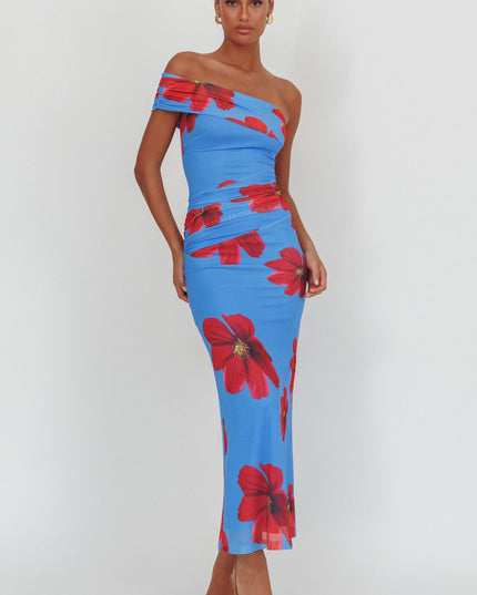 Blue One-Shoulder Maxi Dress Floral