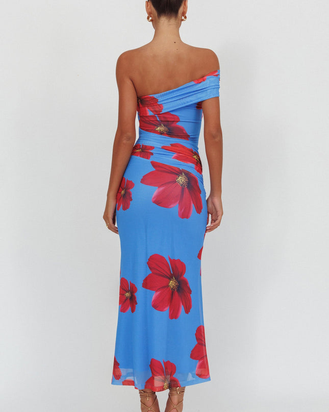 Blue One-Shoulder Maxi Dress Floral
