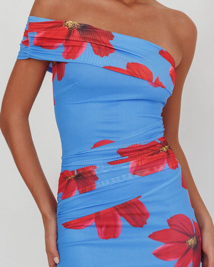 Blue One-Shoulder Maxi Dress Floral