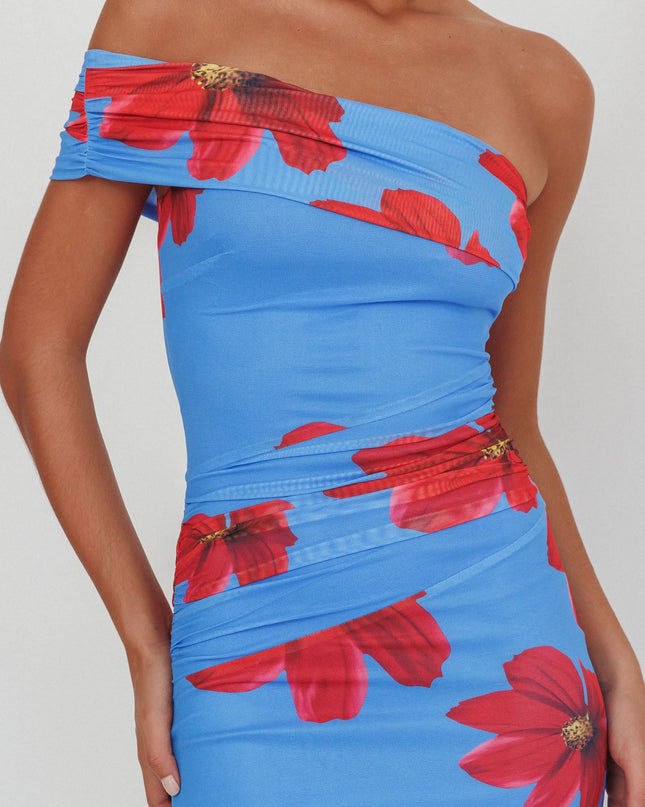 Blue One-Shoulder Maxi Dress Floral