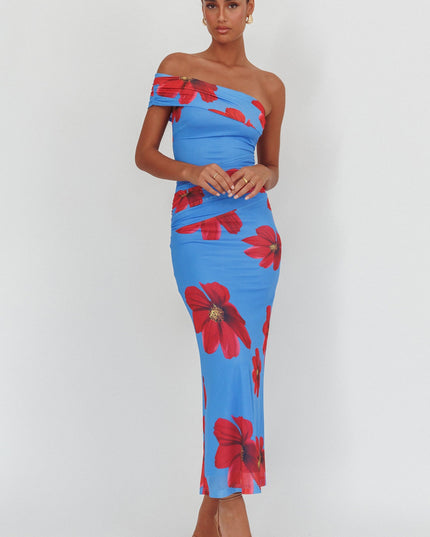 Blue One-Shoulder Maxi Dress Floral