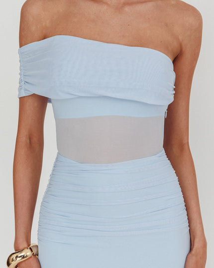Blue One-Shoulder Sheer Waist Maxi Dress