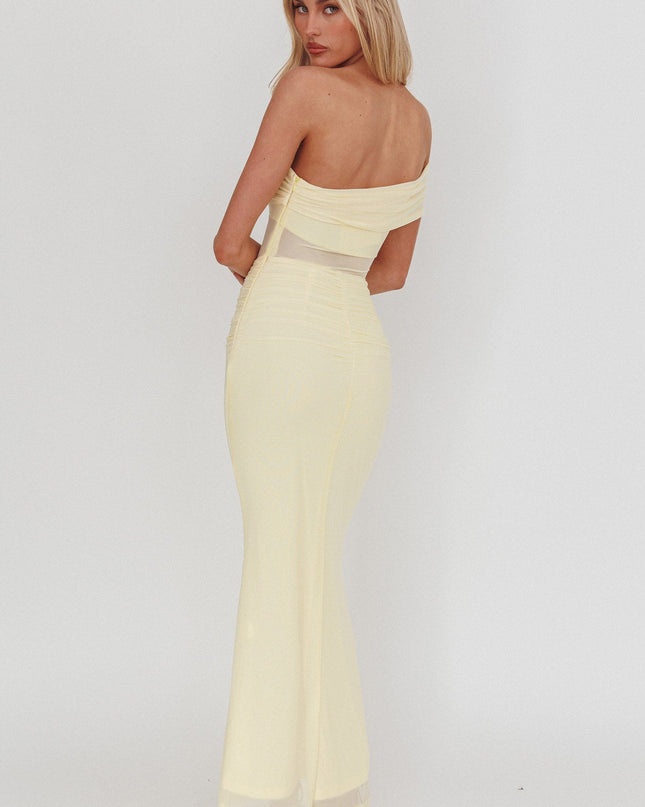 Yellow One-Shoulder Sheer Waist Maxi Dress