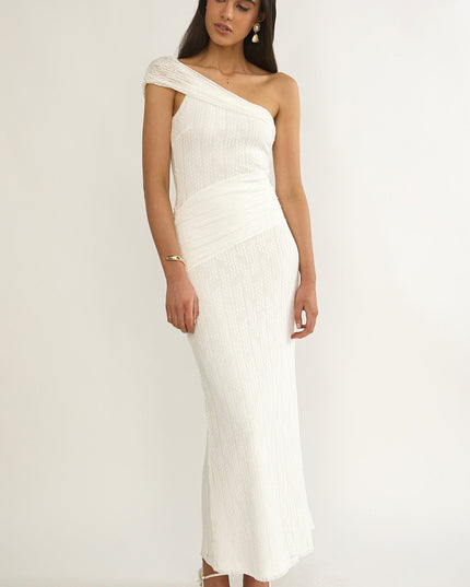 White One-Shoulder Textured Maxi Dress