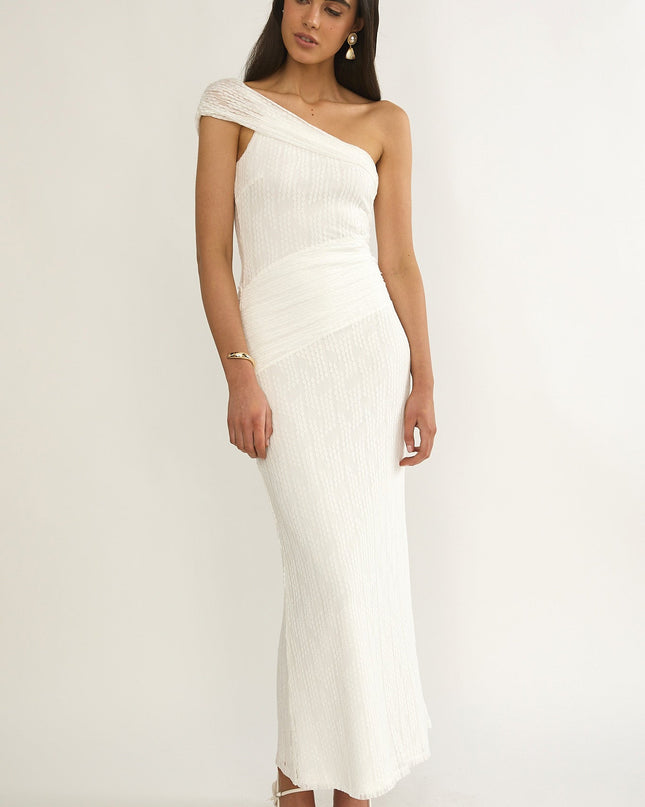 White One-Shoulder Textured Maxi Dress