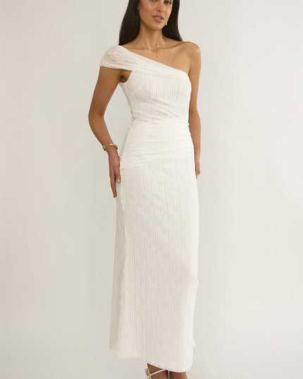 White One-Shoulder Textured Maxi Dress